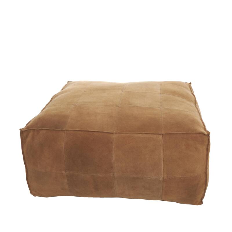 Leather Low Profile Square Pouf with Patchwork Design - Brown, Gray or Dark Brown- Roche River Decor - Brown - 35"W,19"H