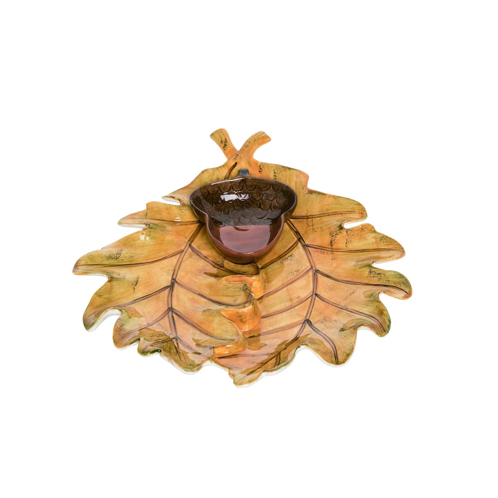 Transpac Dolomite 14.5 in. Yellow Harvest Leaf Acorn Chip and Dip Set of 2