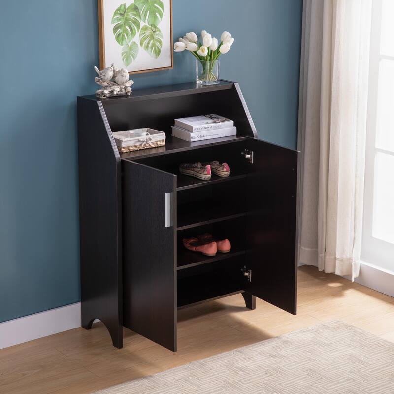 Shoe Storage Rack Cabinet with Two Doors, 4 Shelves, Open Shelf and Aluminum Bar Handles for Entryway Efficient Organization
