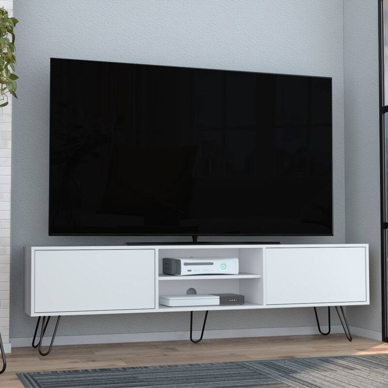 Vassel TV Stand, Entertainment Unit with Hinged Drawers and Hairpin Legs - White