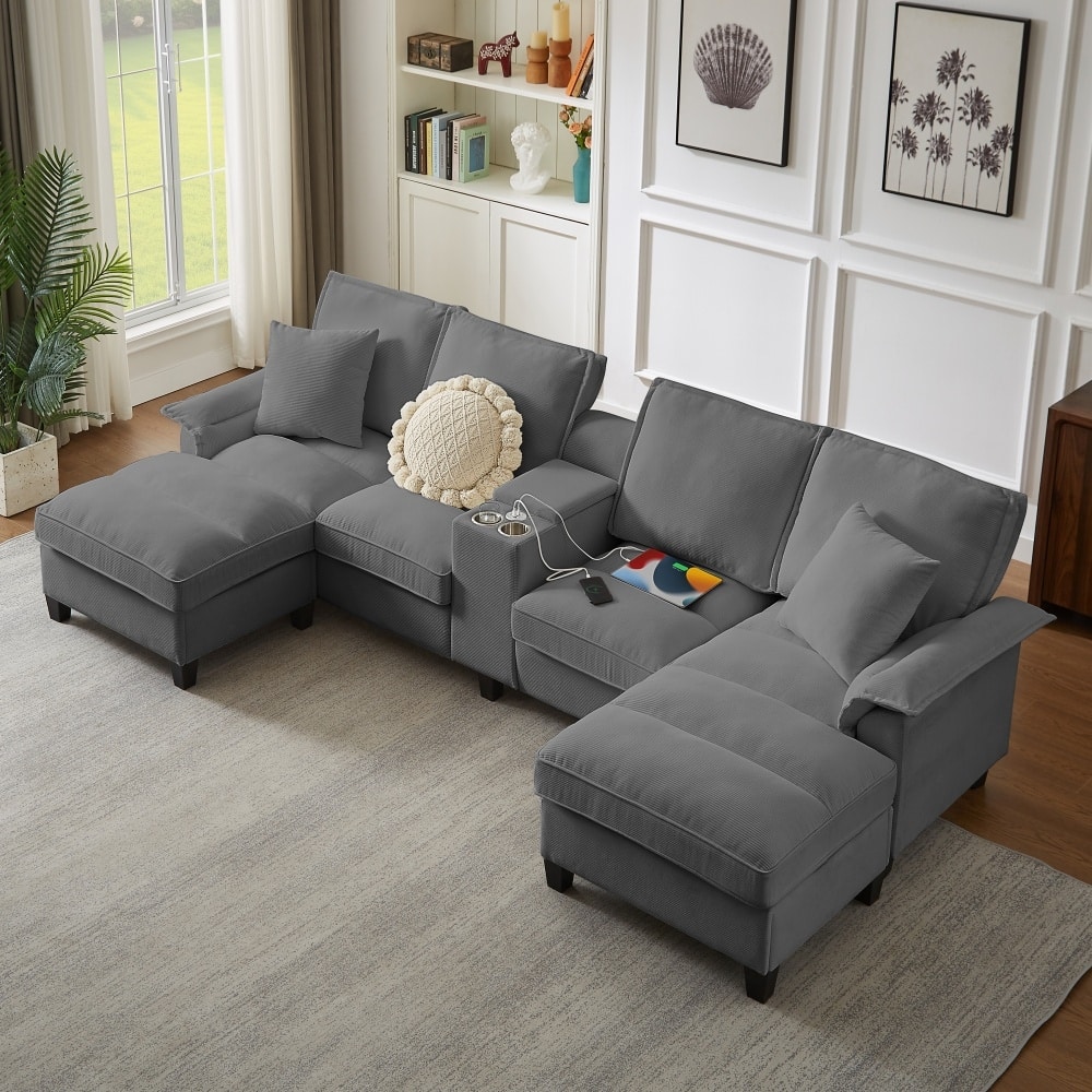 121.2" Modular Corduroy Sectional Sofa with Storage Console and Chaise Footrests