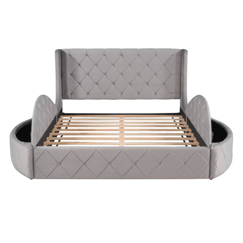 Queen Size Velvet Upholstered Platform Bed with Wingback Headboard, Storage Drawer, and Side Stools