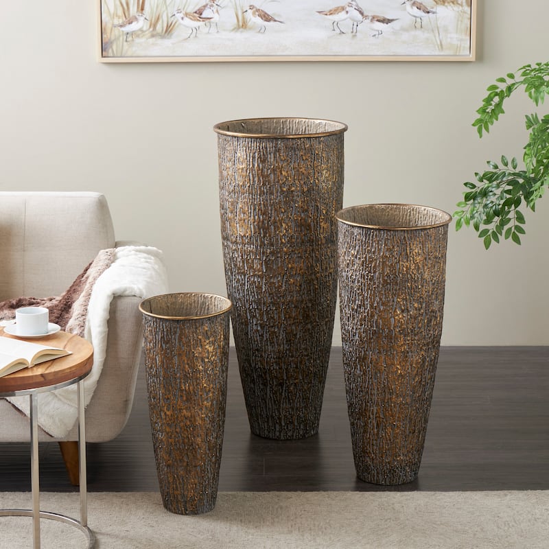 Metal Abstract Tapered Textured Floor Vase with Gray Backing - Set of 3 Brass - Roche River Decor - 17"W x 17"L x 40"H