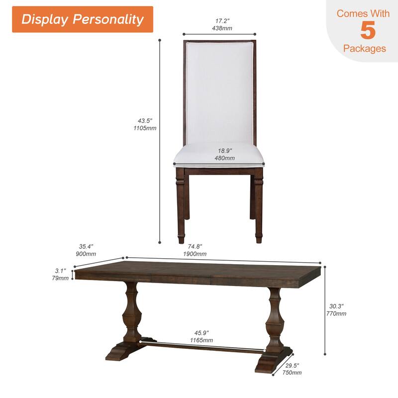 7-pieces Farmhouse Dining Table Set for 6, 74.8" Kitchen Table with Chairs, Solid Wood Legs and Upholstered Back