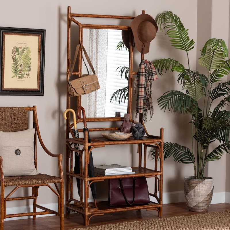 Feyre Marbled Tortoise Natural Rattan Hall Tree - Handcrafted Wicker Entryway Organizer with Mirror, Shelving and Hooks
