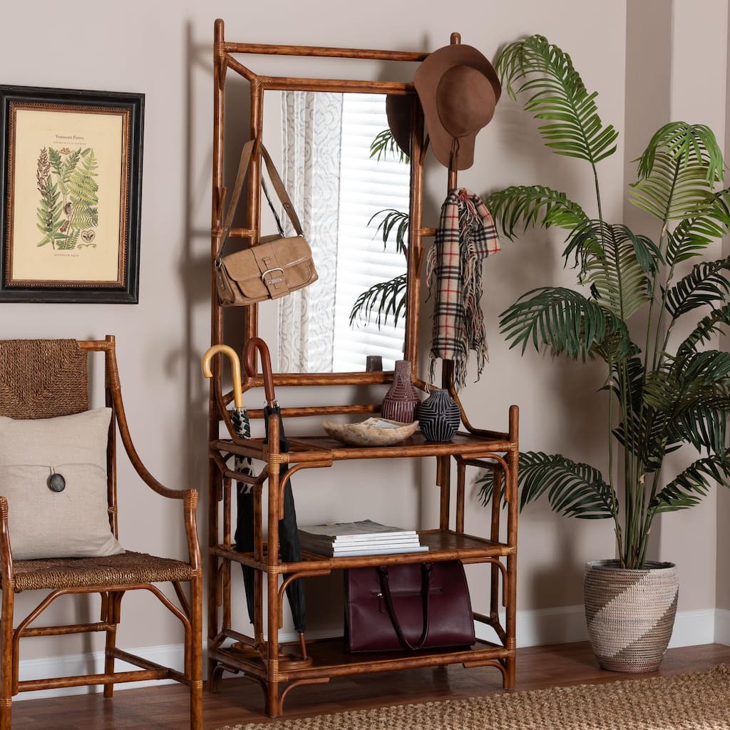 Feyre Marbled Tortoise Natural Rattan Hall Tree - Handcrafted Wicker Entryway Organizer with Mirror, Shelving and Hooks