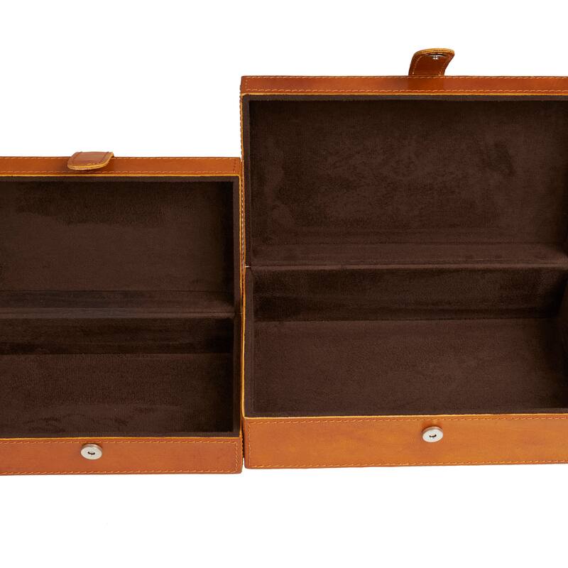 Brown Leather Storage Box with Snap Front Closure and Detailed Stitching (Set of 2)