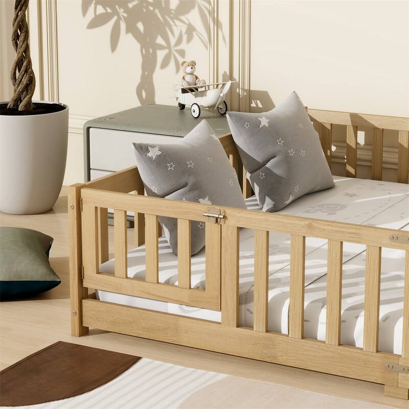 Twin/Full/Queen Size Floor Bed with Fence Guardrails and Door, Rubber Wood Toddler Bed Montessori Bed with Slats Support
