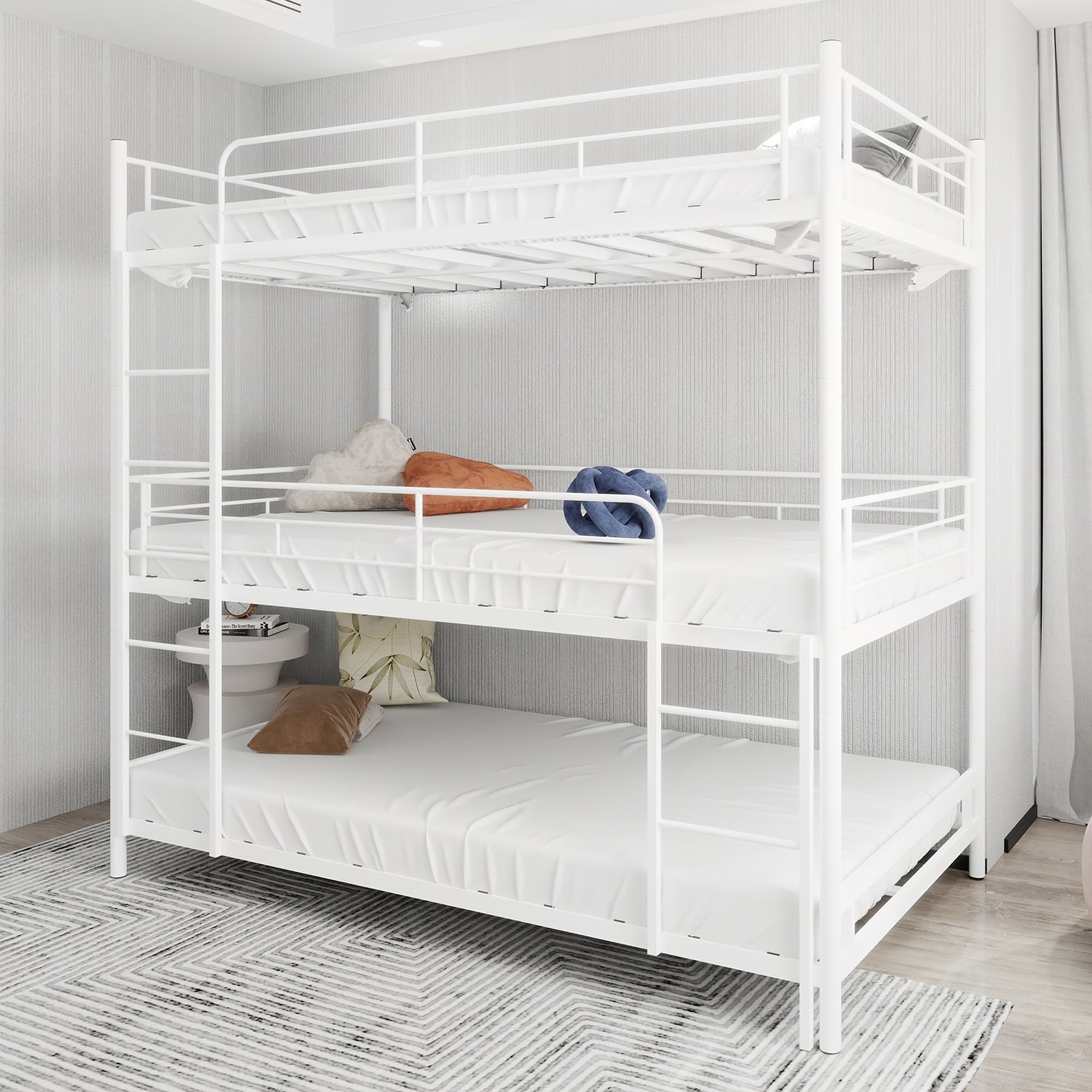 Heavy-duty Triple Bunk Bed with Built-in Ladder and Full-length Railing