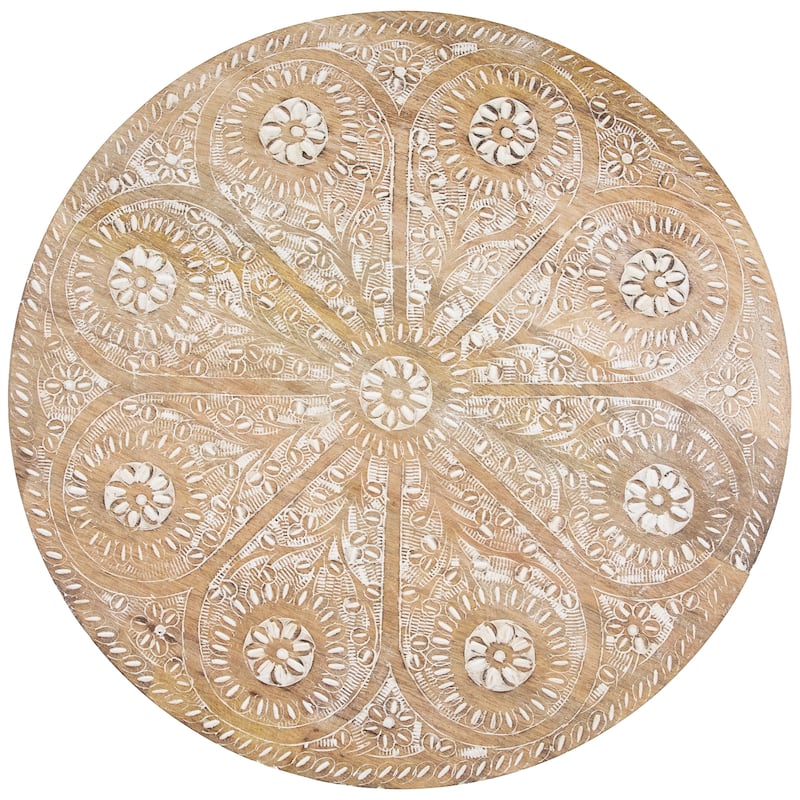 22" Brushed White Engraved Floral Round Tri Leg Wooden Side Table