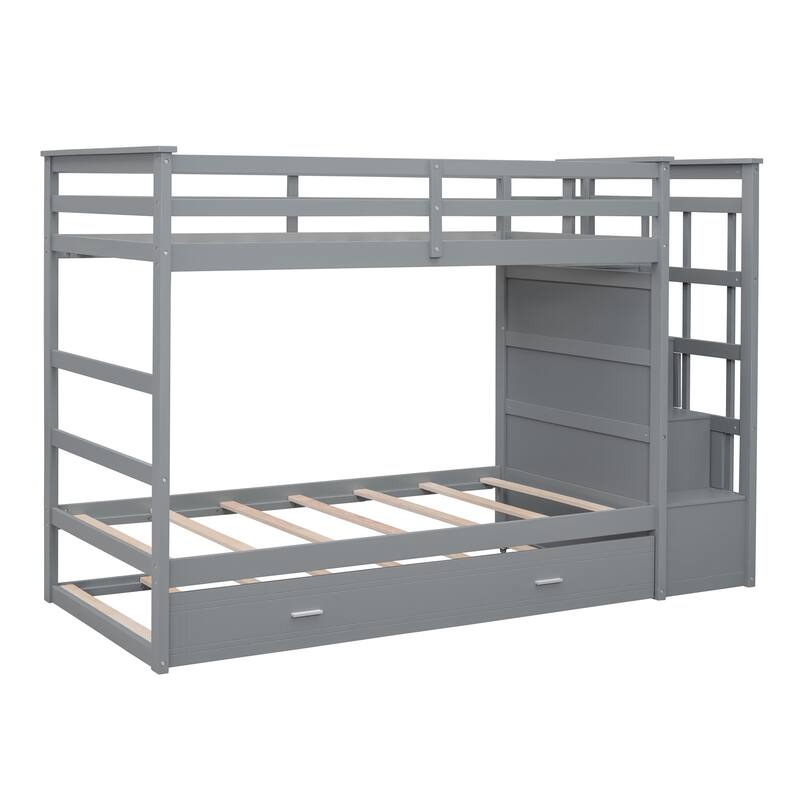 Twin Over Twin Bunk Bed with Trundle and Staircase, Gray