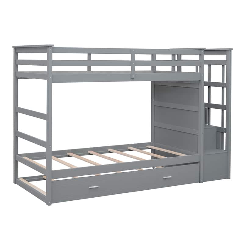 Twin Over Twin Bunk Bed with Trundle and Staircase, White