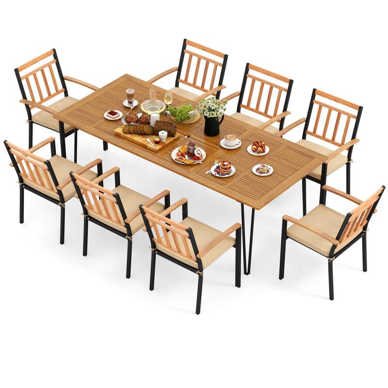 Costway 9 PCS Patio Dining Set with 8 Chairs Acacia Wood Table Top - See Details