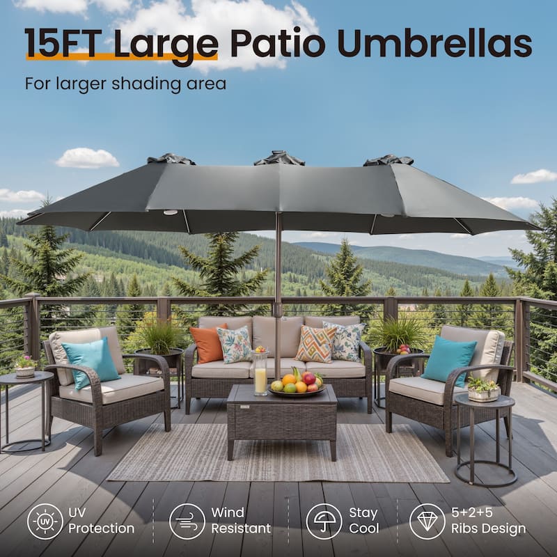 ​OVIOS 15ft Double Side Patio Umbrella Extra Large with Light