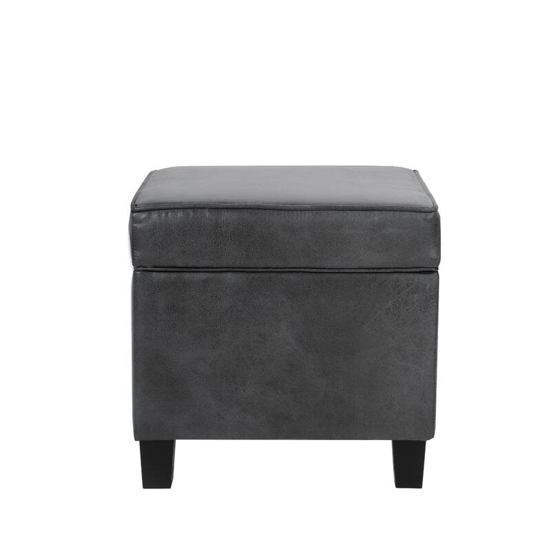 Pyp Square Storage Ottoman, 18 Inch Dark Gray Faux Leather, Black Wood