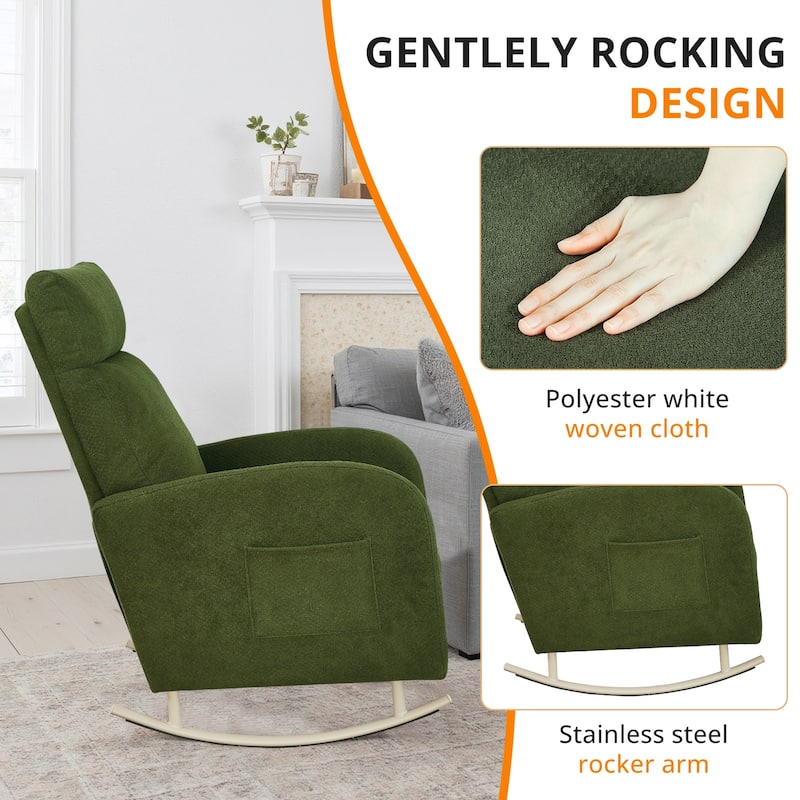 Chenille Nursery Armchair Rocking Chair Set of 1 with Metal Legs with Side Pocket for Living Room