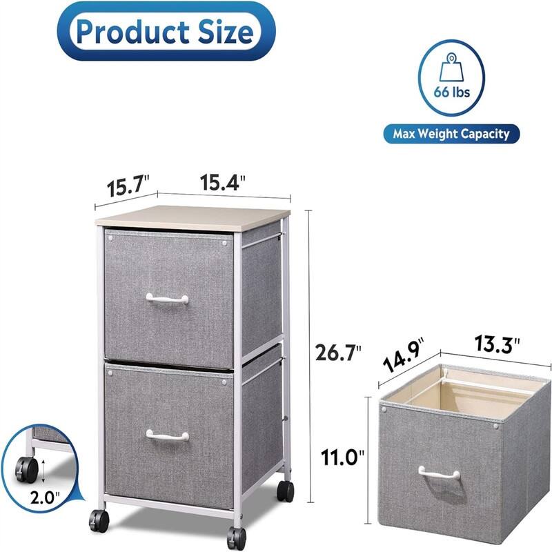 2 Drawer Mobile File Cabinet - 15.7"D x 15.4"W x 26.8"H