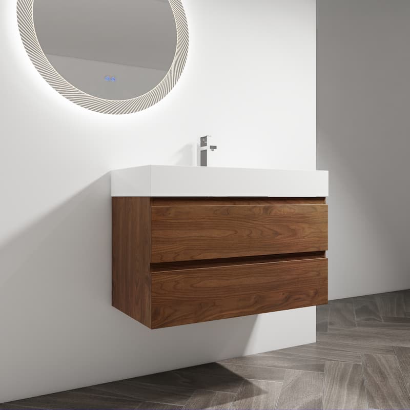 36" Wall-Mounted Bathroom Vanity With Resin Sink, 2-Soft Close Drawers