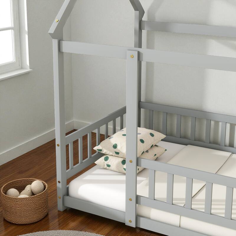 Twin Size Wooden House Floor Bed with Roof Frame and Safety Guardrails, Solid Rubber Wood Montessori Bed for Kids