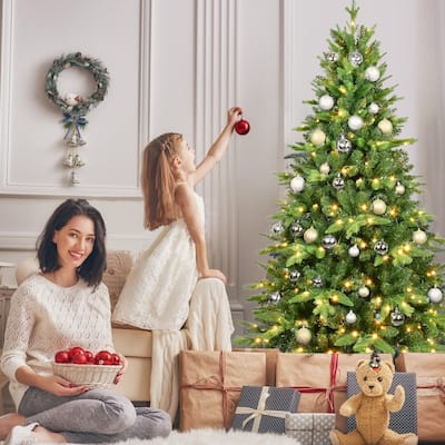 6ft Pre-Lit Christmas Tree with 350 Warm White LED Lights,1228 Tips Realistic PE+PVC Hinged Tree with,Full Artificial Xmas Tree