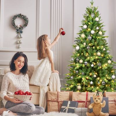 7ft Pre-Lit Christmas Tree with 450 Warm White LED Lights,1692 Tips Realistic PE+PVC Hinged Tree,Full Artificial Xmas Tree