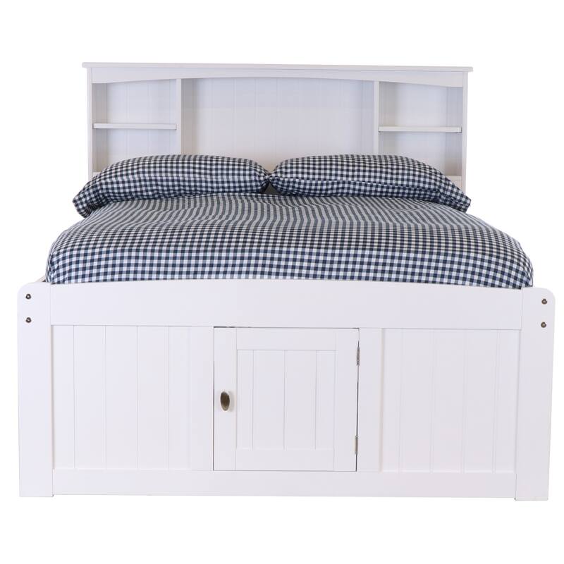 Full Size Bookcase Bed with Drawers - Solid Pine Bed Frame - Under Bed Storage - Casual White Finish