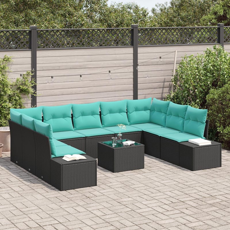 vidaXL 10 Garden Sofa Set with Cushions Black Poly Rattan - 113.8 x 82.3 x 27.2