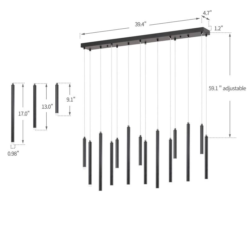 14 Light Linear LED Integrated in Black or Gold Cluster Chandelier, Luxury Kitchen Island Dining Room Pendant