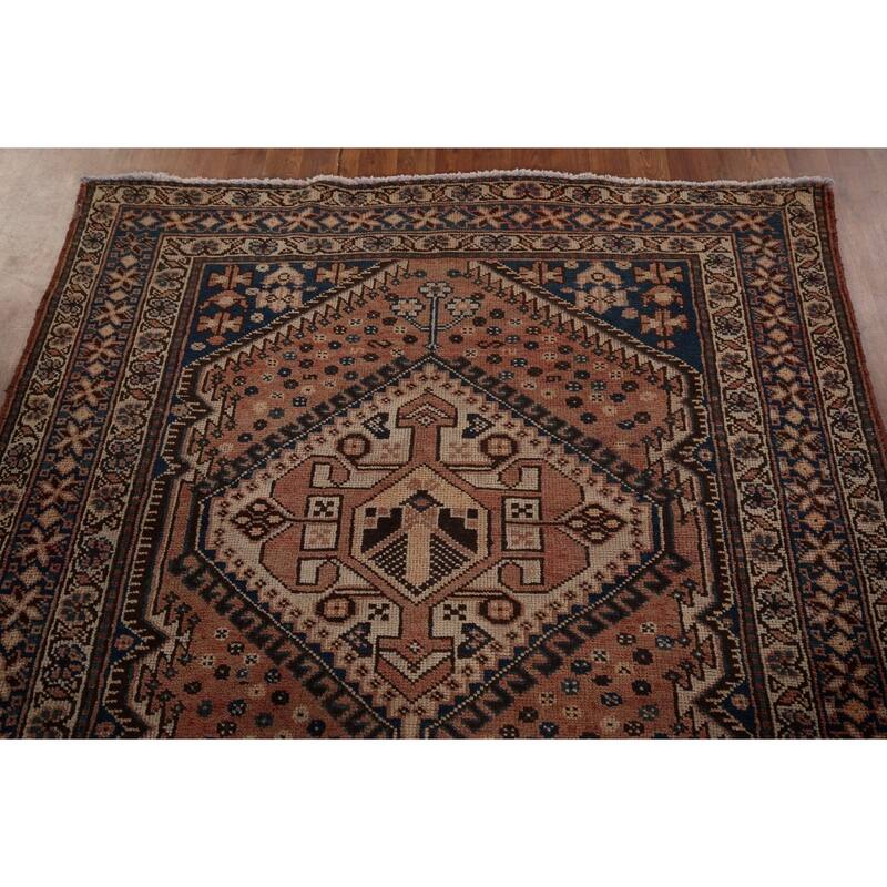Geometric Bakhtiari Persian Vintage Rug Handmade Orange Wool Carpet - 4'11" x 10'0"