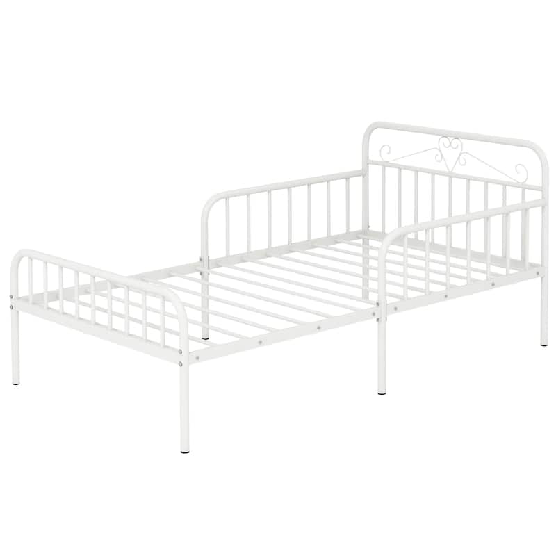 14 Metal Slats Twin Size Bed Frame with Headboard and Safety Side Guardrails - White