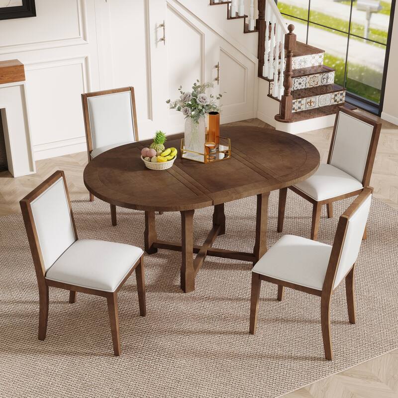 5-Piece Extendable Dining Table Set for 4, Round Dining Table for 4 with Upholstered Chairs, Farmhouse Kitchen Table Set