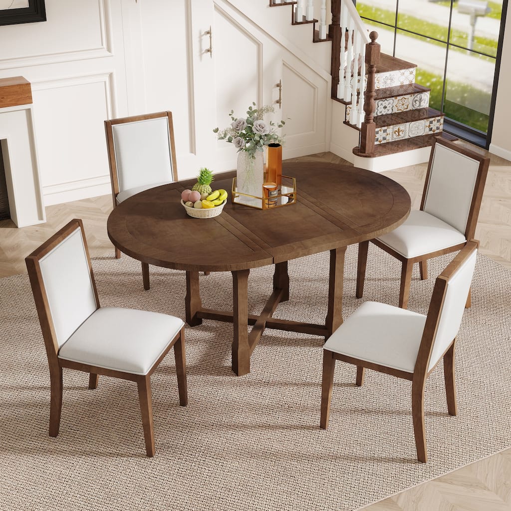 GDFStudio - 5-Piece Extendable Round Dining Table Set with 4 Upholstered Chairs, Kitchen Table with Removable Leaf