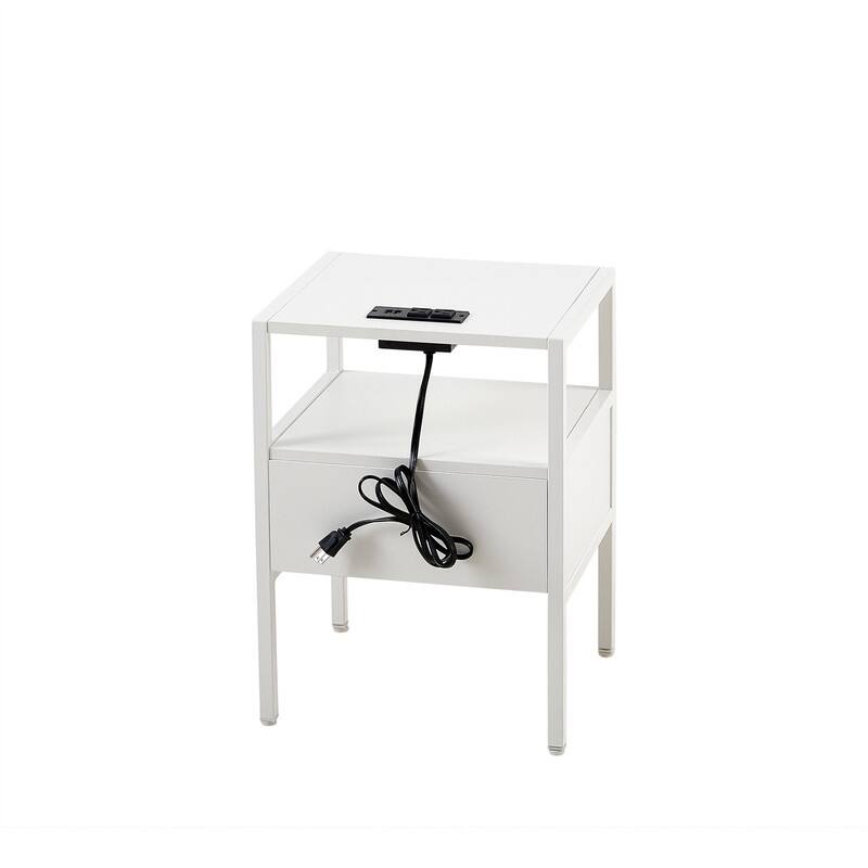 15.75" Modern Rattan End Table with Charging Station Nightstand with Drawer Metal Legs Side Table