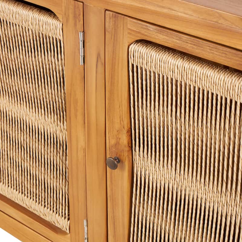Teak Wood Handmade 3 Door Cabinet with Rattan Front and Sides - Brown - Roche River Decor - 18"W x 63"L x 32"H