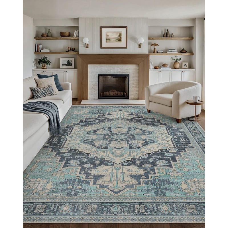 Mcow Vintage Medallion Low-Pile Machine-Washable Area Rug - Blue - 6' x 9' - Rectangle