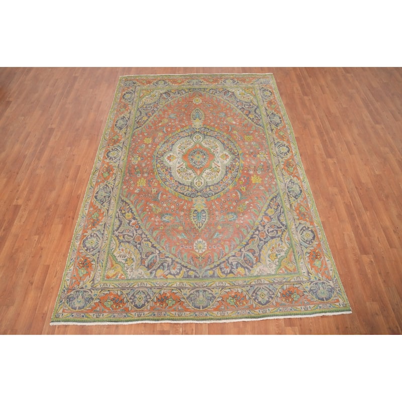 Hand Knotted Oriental 100% Wool Carpet Traditional Floral Oranges & Rust Tabriz Area Rug - 9' 5'' X 6' 5''