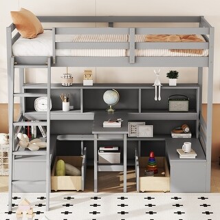 Twin Size Loft Bed With Storage Shelves, Pine Wooden Bed with Drawers, Platform Bed with Seat And Desk, Grey