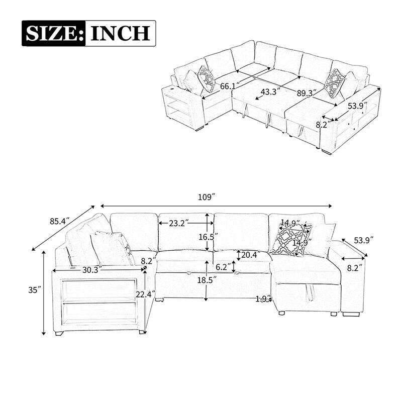109" U-Shape Sleeper Sectional with Storage Chaise, Dual USB & Pillows