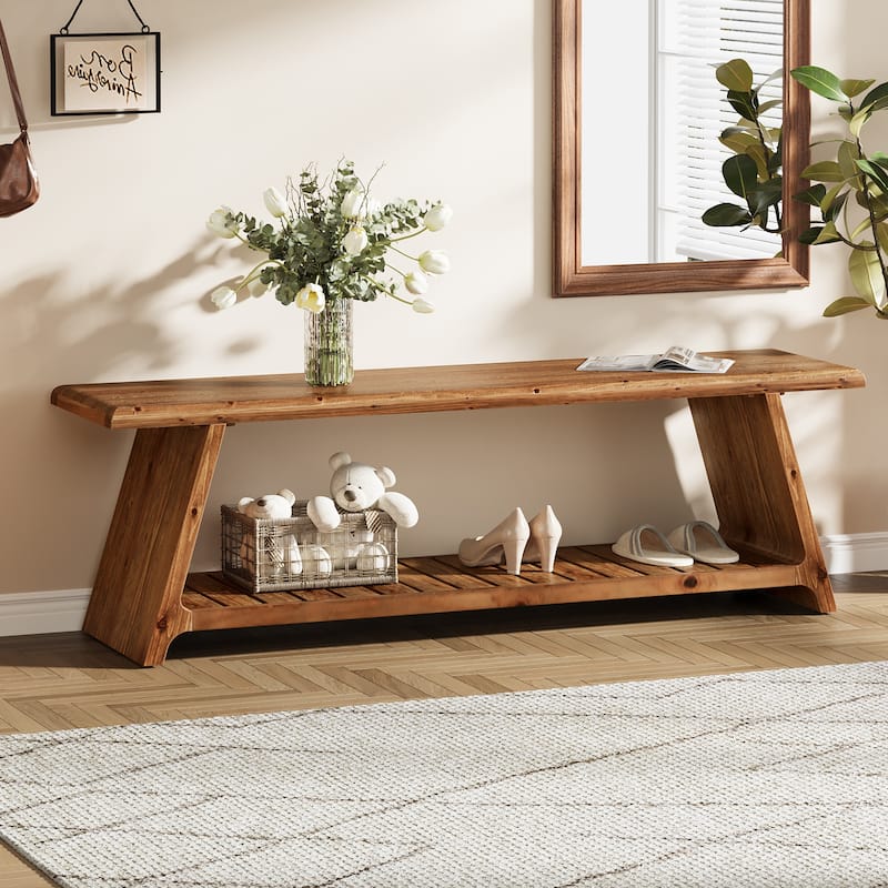 Farmhouse Solid Wood Entryway Bench with Storage