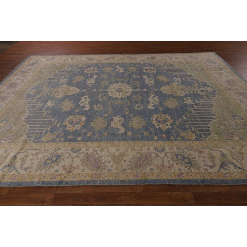 Vegetable Dye Blue Oushak Turkish Area Rug Handmade Wool Carpet - 9'0"x 11'9"