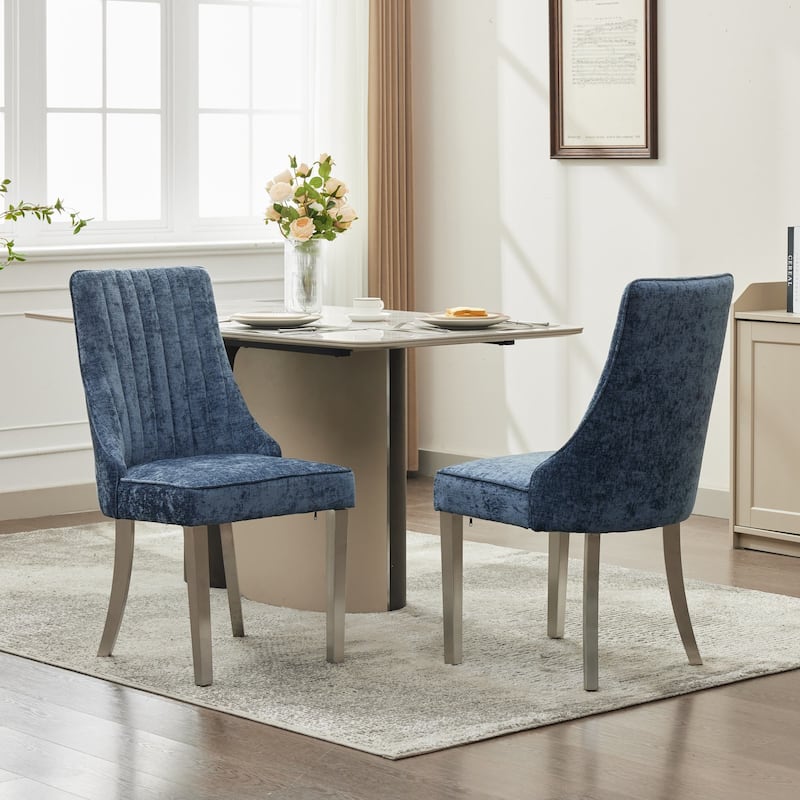 Chenille Fabric Dining Chairs, Tufted Upholstered Kitchen Chairs, High Back Dining Chairs with Stainless Steel Legs