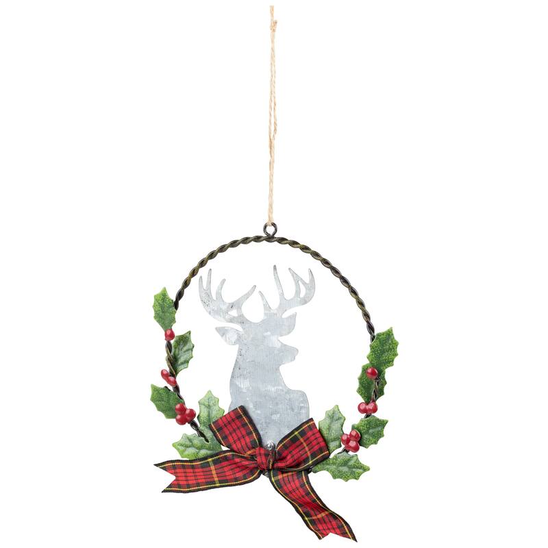 Moose with Plaid Bow Christmas Wreath Ornament - 5.5"