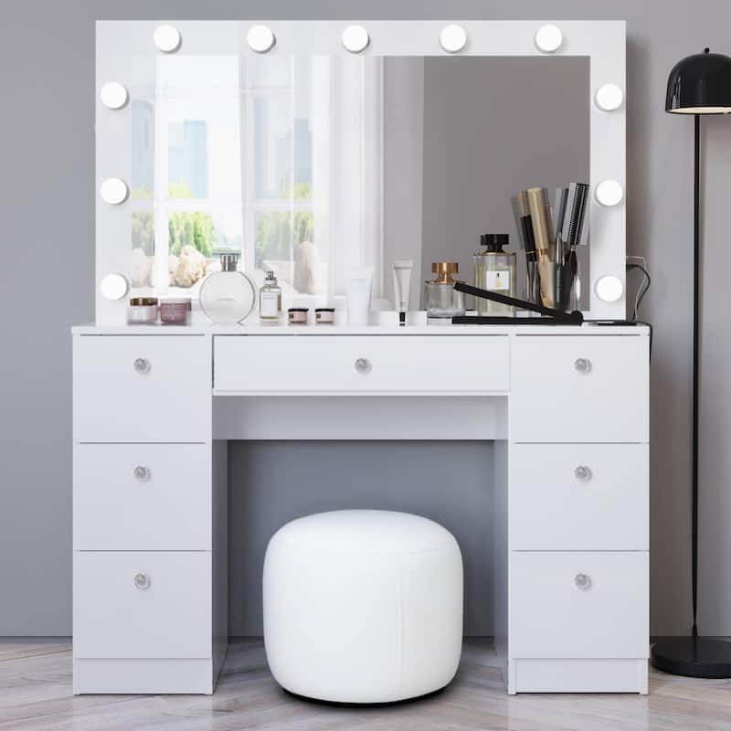 Boahaus Vanity Desk Glass Top with 7 Drawers & Lights Crystal knobs