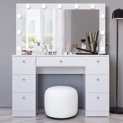 Boahaus Vanity Desk Glass Top with 7 Drawers & Lights Crystal knobs