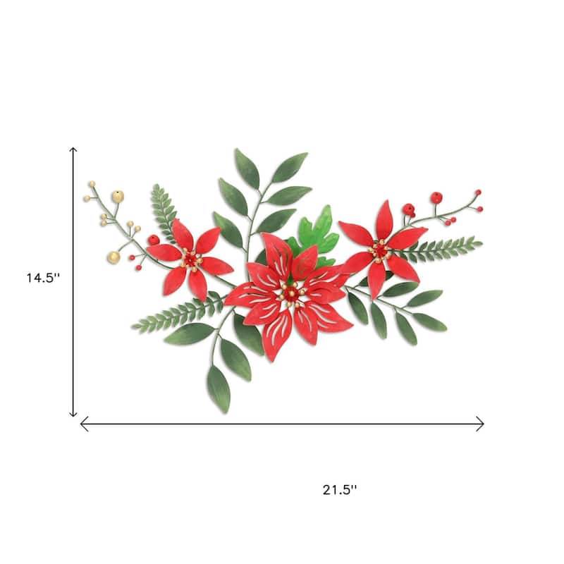 HomeRoots 15" X 22" Red Christmas Poinsettia Metal Hanging Dimensional Sculpture