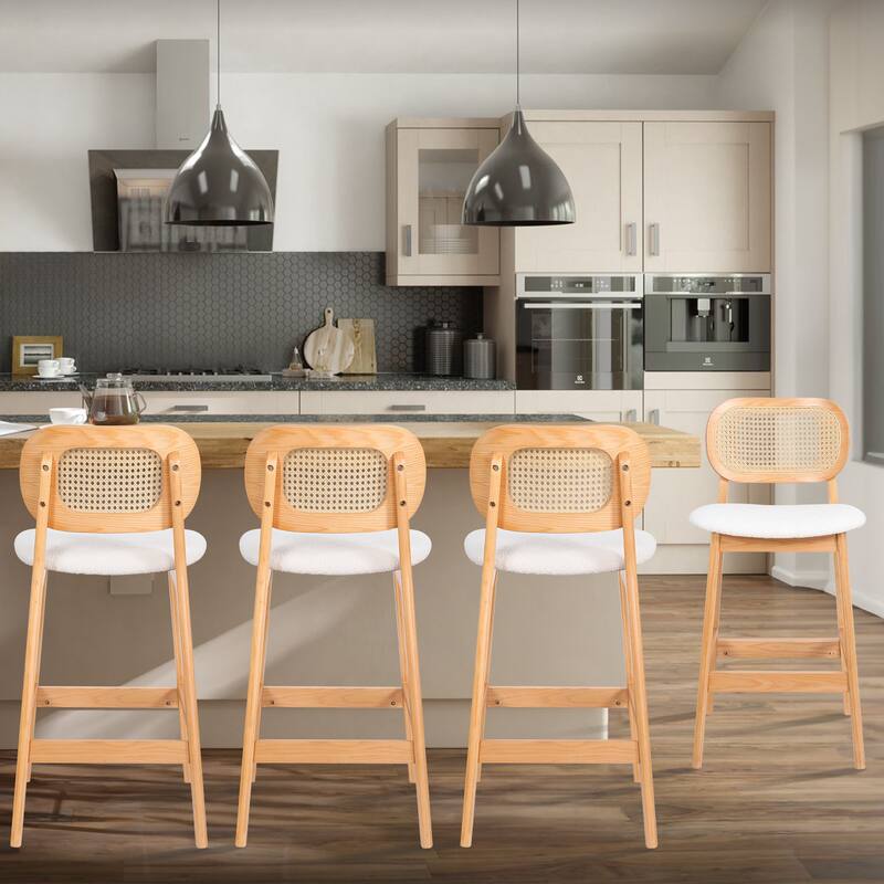 Wood Upholstered Counter Height Bar Stools with Rattan Back - 36.81"H x 17.72"W x 18.7"D