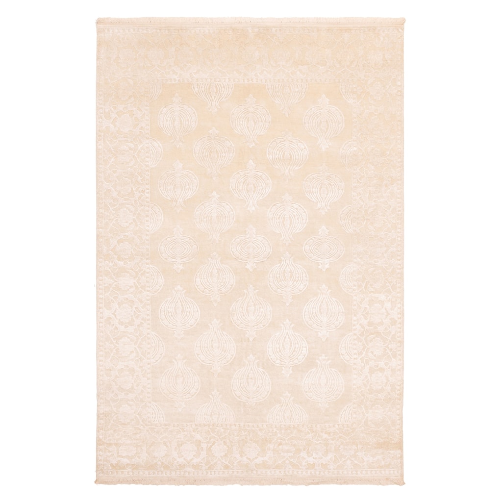 ECARPETGALLERY Hand-knotted Mirzapur Light Khaki Silk, Wool Rug - 5'6 x 8'1