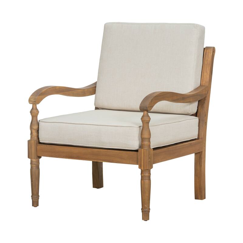 Roomfitters Outdoor Acacia Wood Club Chair with Waterproof Cushions, Lattice Back Patio Seating, Natural and Beige