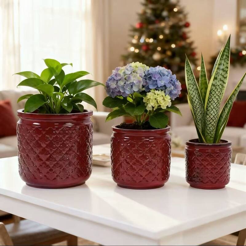 Anmytek Handmade Ceramic Planter Set of 3 Burgundy Diamond Pattern