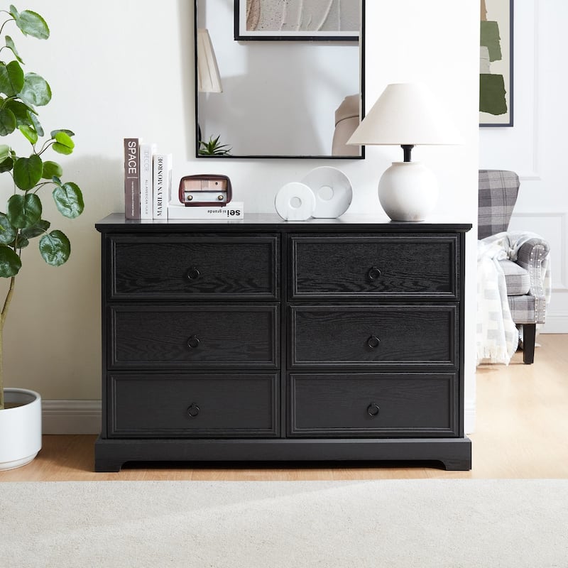 Farmhouse 6 Drawer Dresser, Wood TV Stand, Chest of Drawers - Black